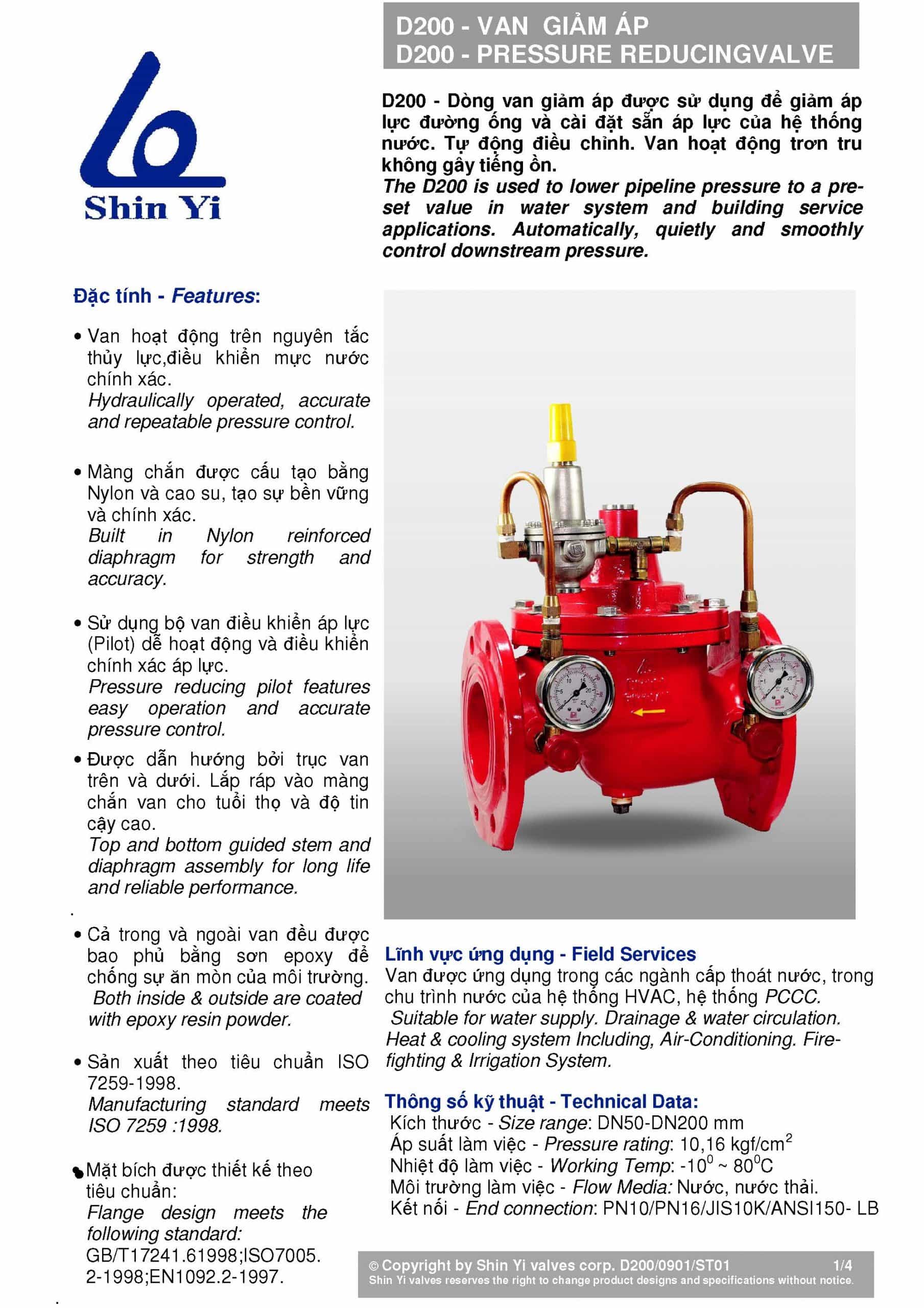 đặc tính Van giảm áp Shin Yi – Taiwan (pressure reducing valve)