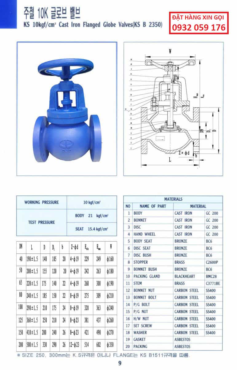 thông số kỹ thuật van cầu gang (Globe valve) – Dae Jin, Korea