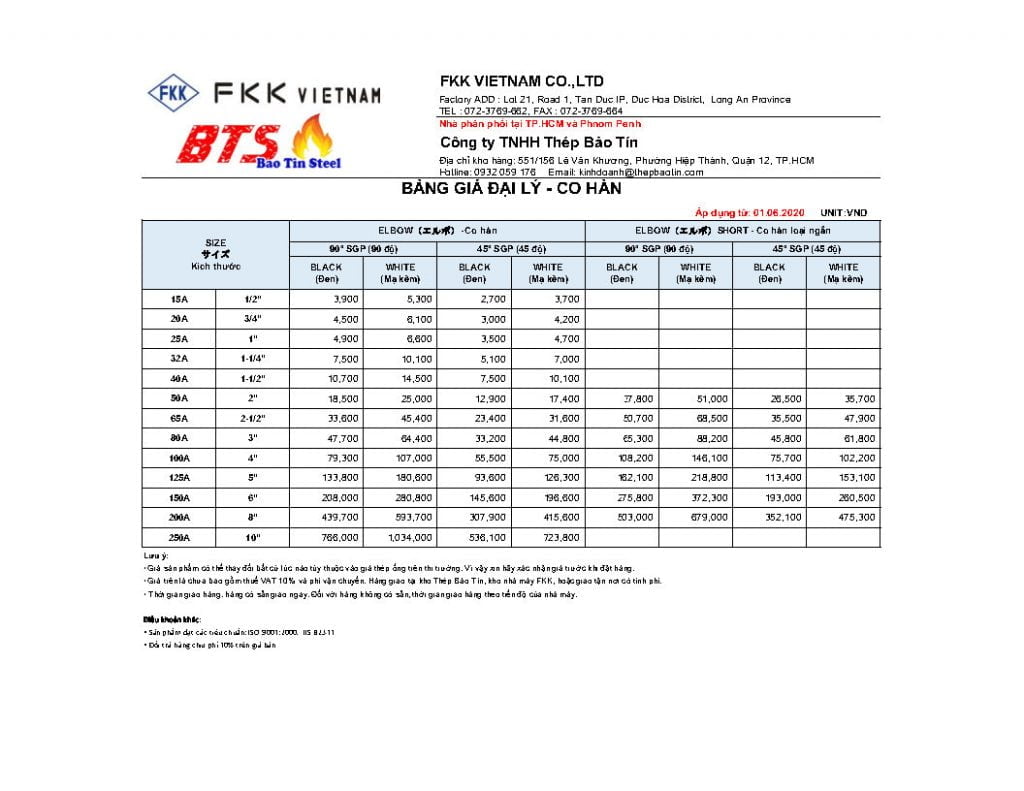 Price list of elbows FKK for agents