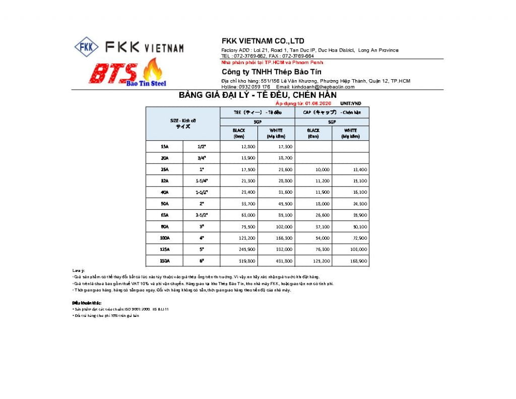 Price list of tees, caps FKK for agents