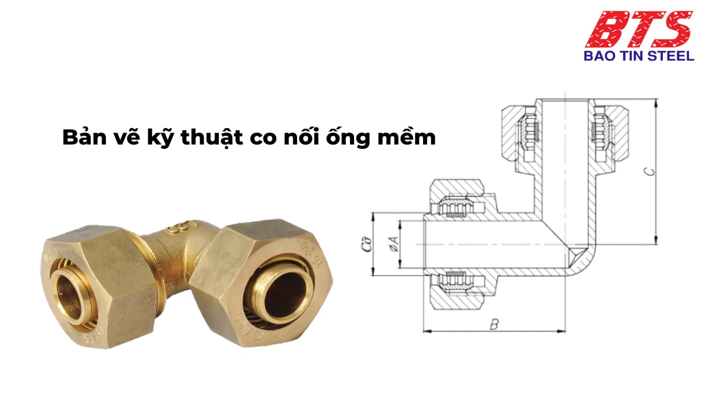 Bản vẽ kỹ thuật cút đồng nối ống mềm Miha