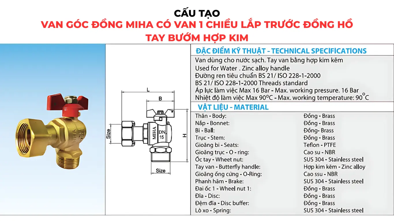 Cấu tạo Van góc đồng MIHA có van 1 chiều lắp trước đồng hồ tay bướm hợp kim