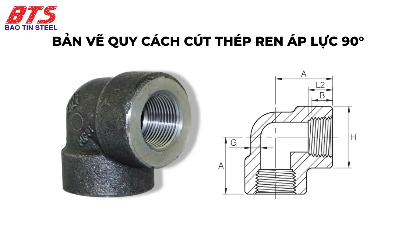 Bản vẽ quy cách co thép ren áp lực 90°