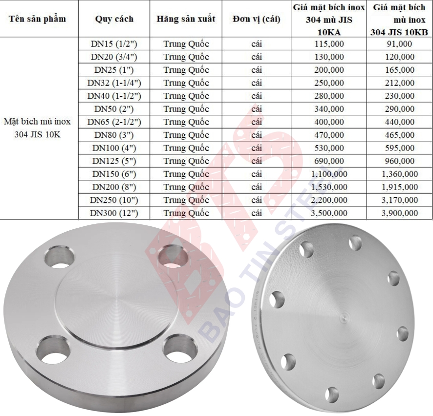 Giá mặt bích mù inox 304 JIS 10K