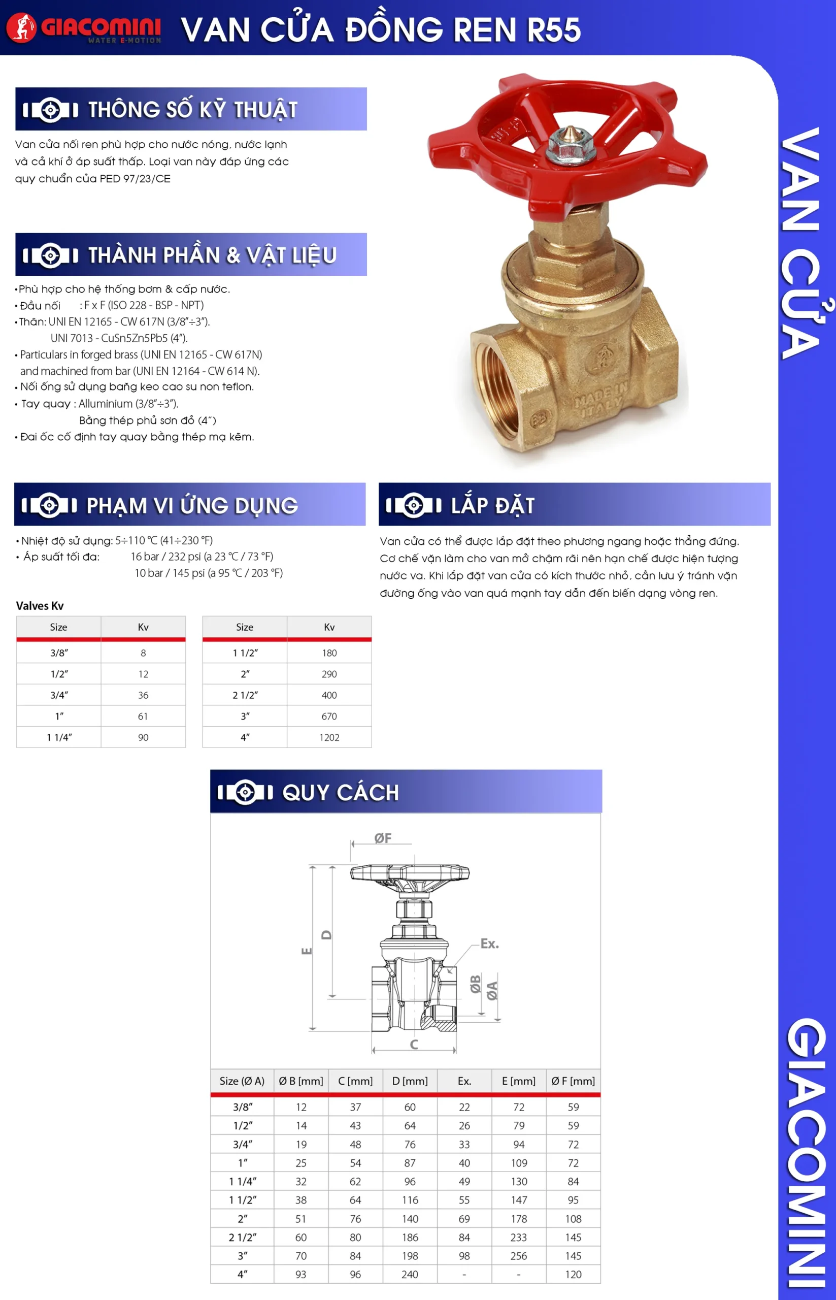 Thông số kỹ thuật van cổng đồng nối ren Italy