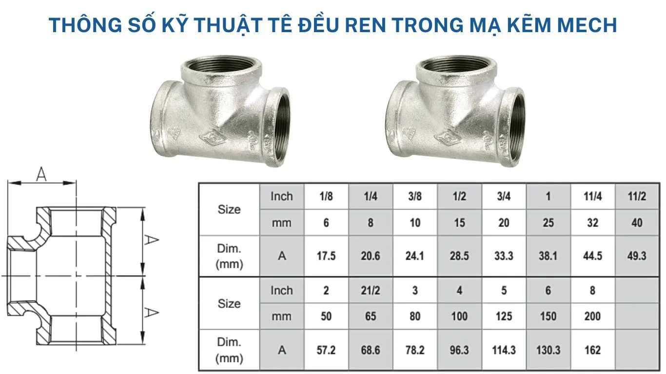 Thoogn số kỹ thuật tê ren mạ kẽm MECh