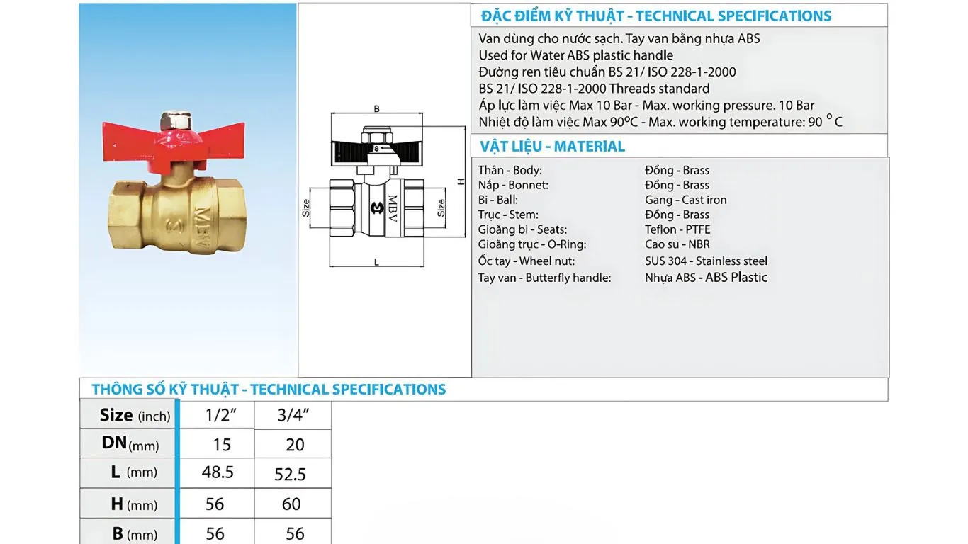 Thông số kỹ thuật van bi đồng MBV tay bướm ABS