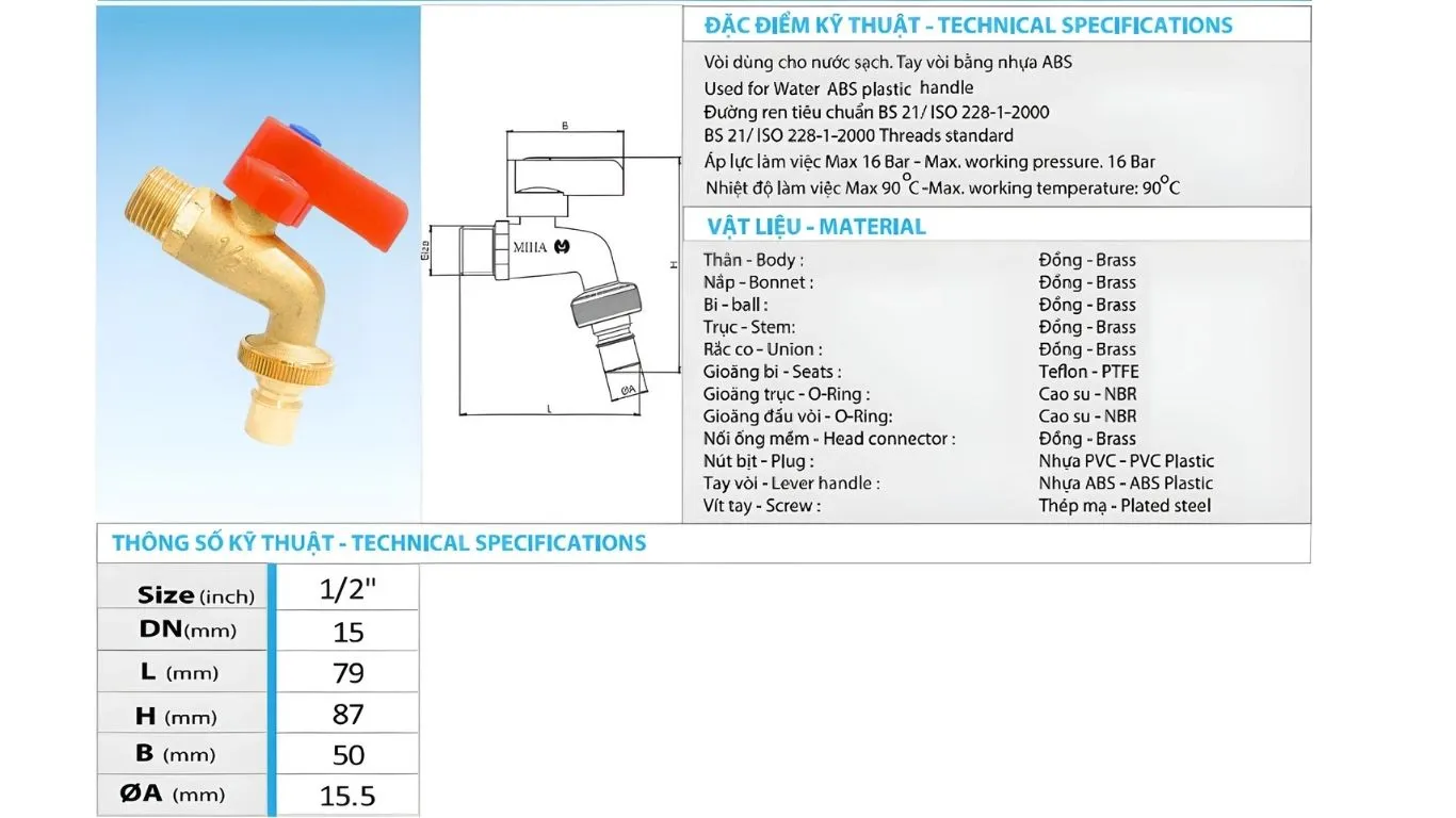 Vòi máy giặt đồng MIHA tay gạt