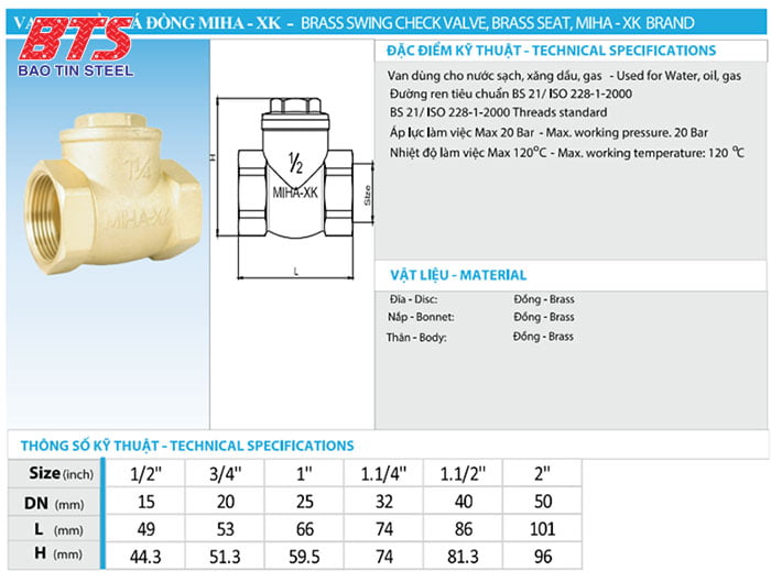 Thông số kỹ thuật của van một chiều hơi đồng MIHA
