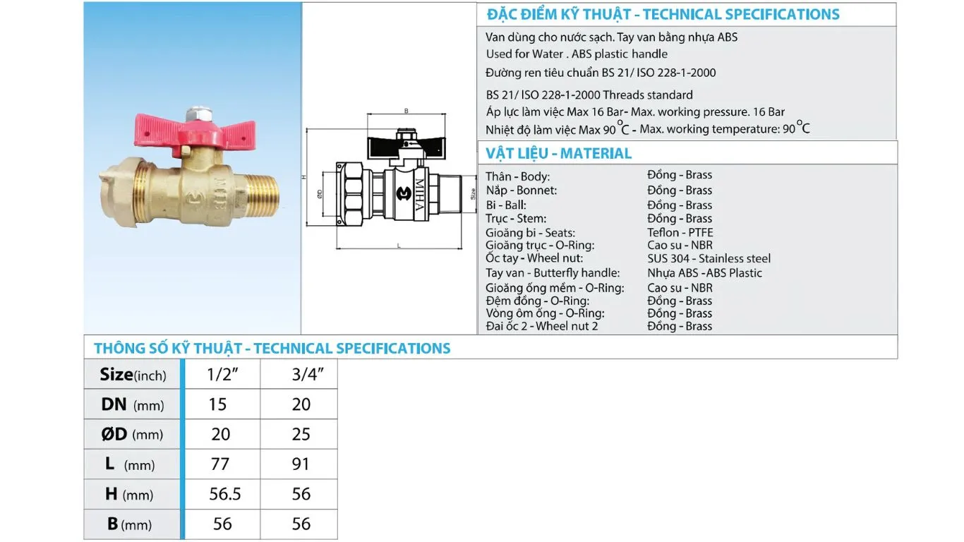 Van bi đồng liên hợp MIHA ren ngoài tay bướm ABS