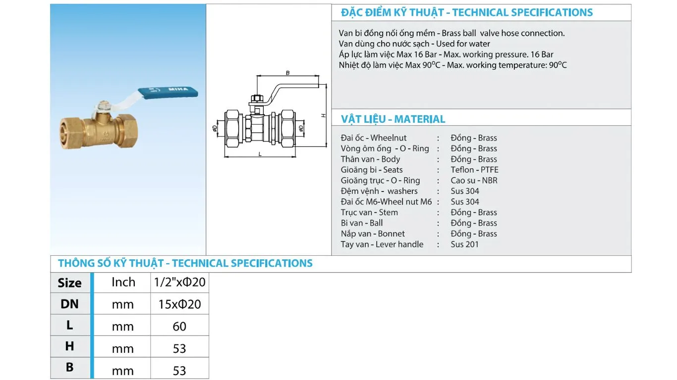 Thông số van bi đồng MIHA nối ống mềm 