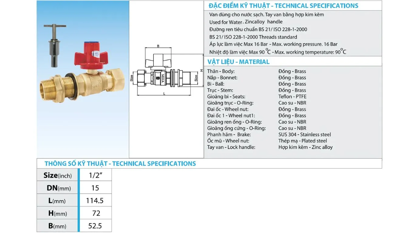 Thông số van bi đồng MIHA nối tĩnh tay khóa