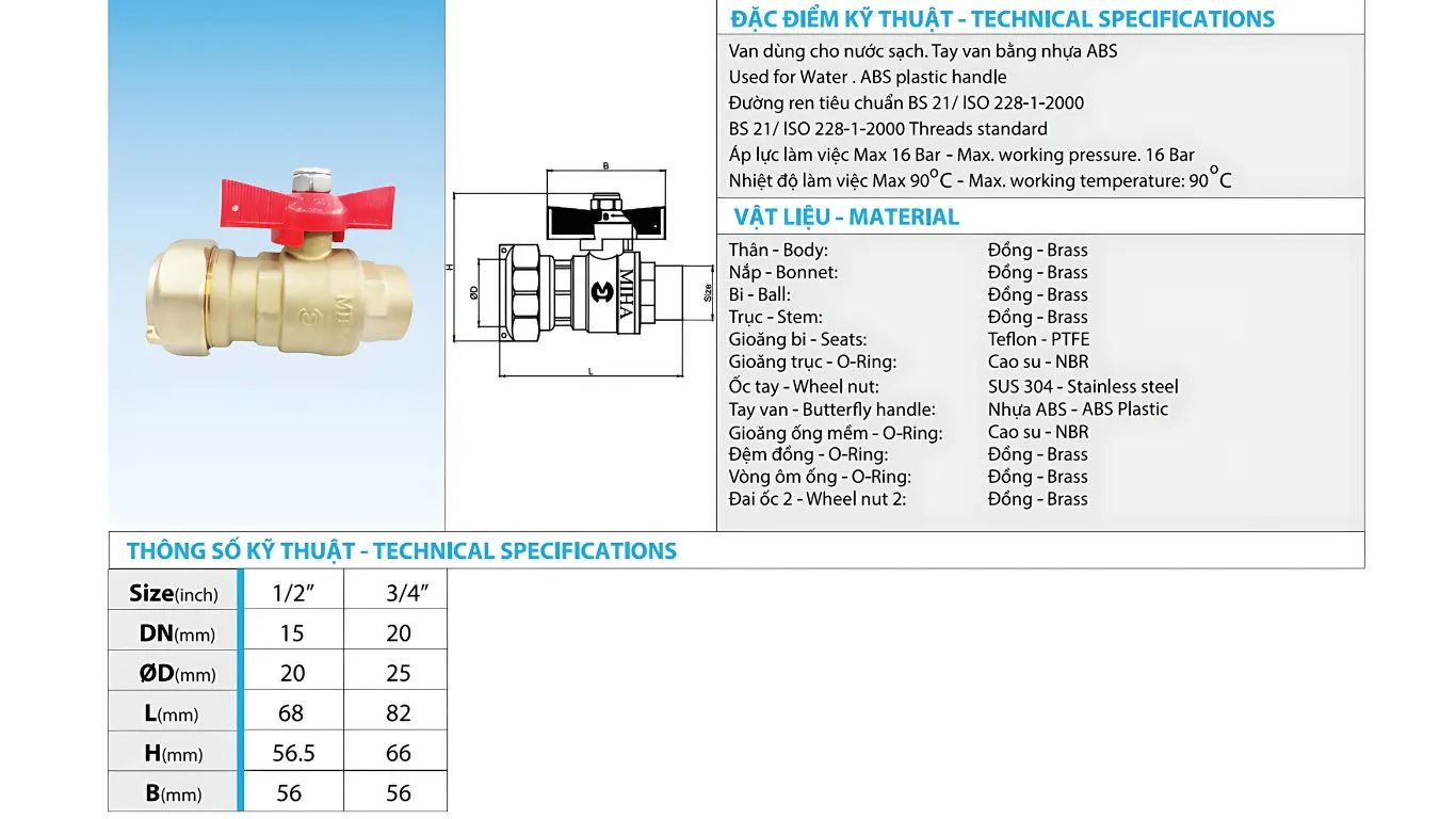 Van bi đồng liên hợp MIHA ren trong tay bướm ABS
