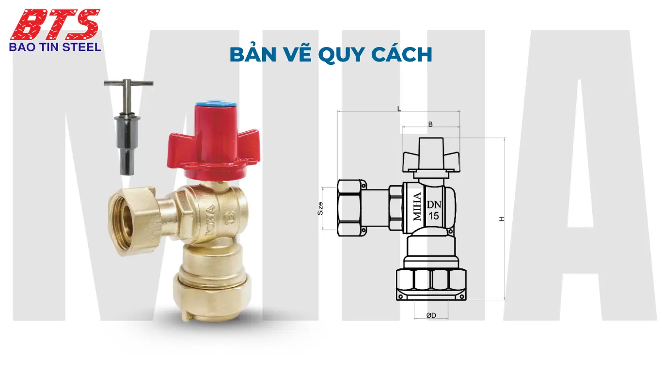 Bản vẽ quy cách van góc đồng liên hợp MIHA tay khóa