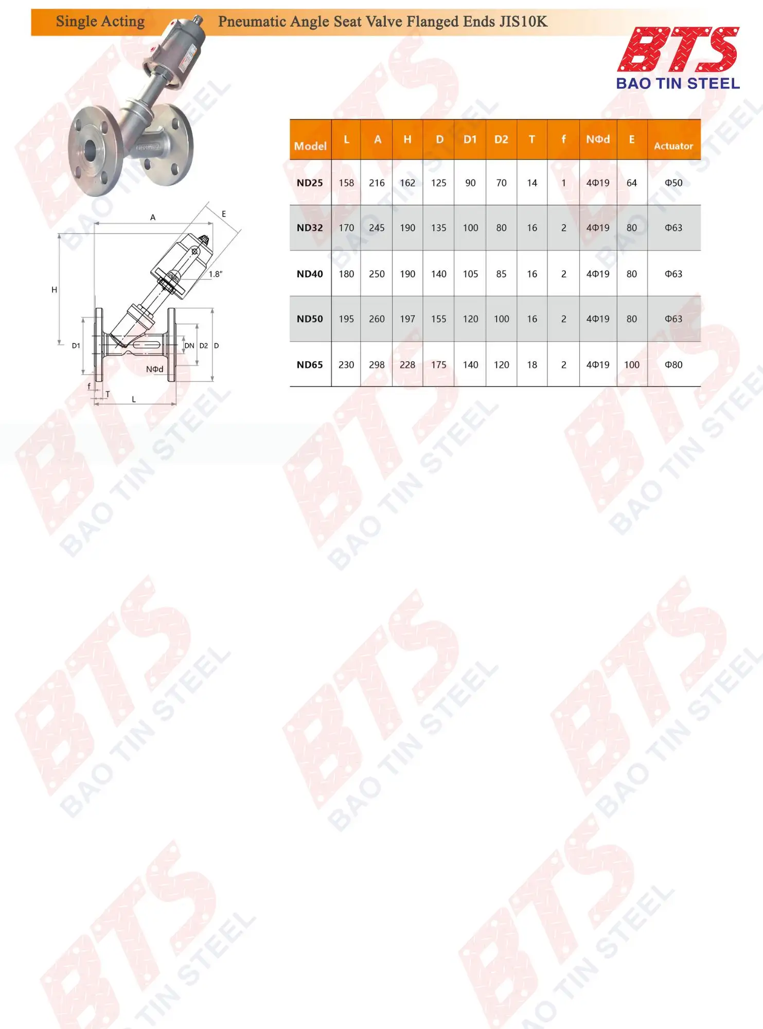 Bảng quy cách van xiên khí nén lắp bích