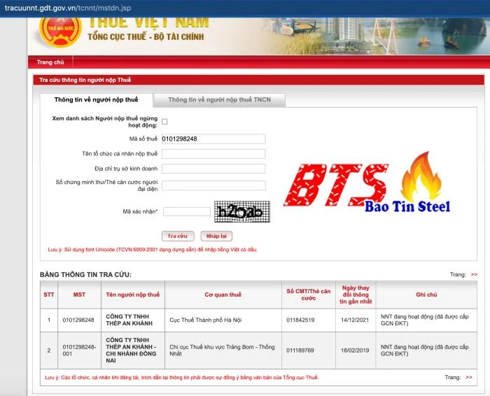 kiểm tra mã số thuế công ty Thép An Khánh