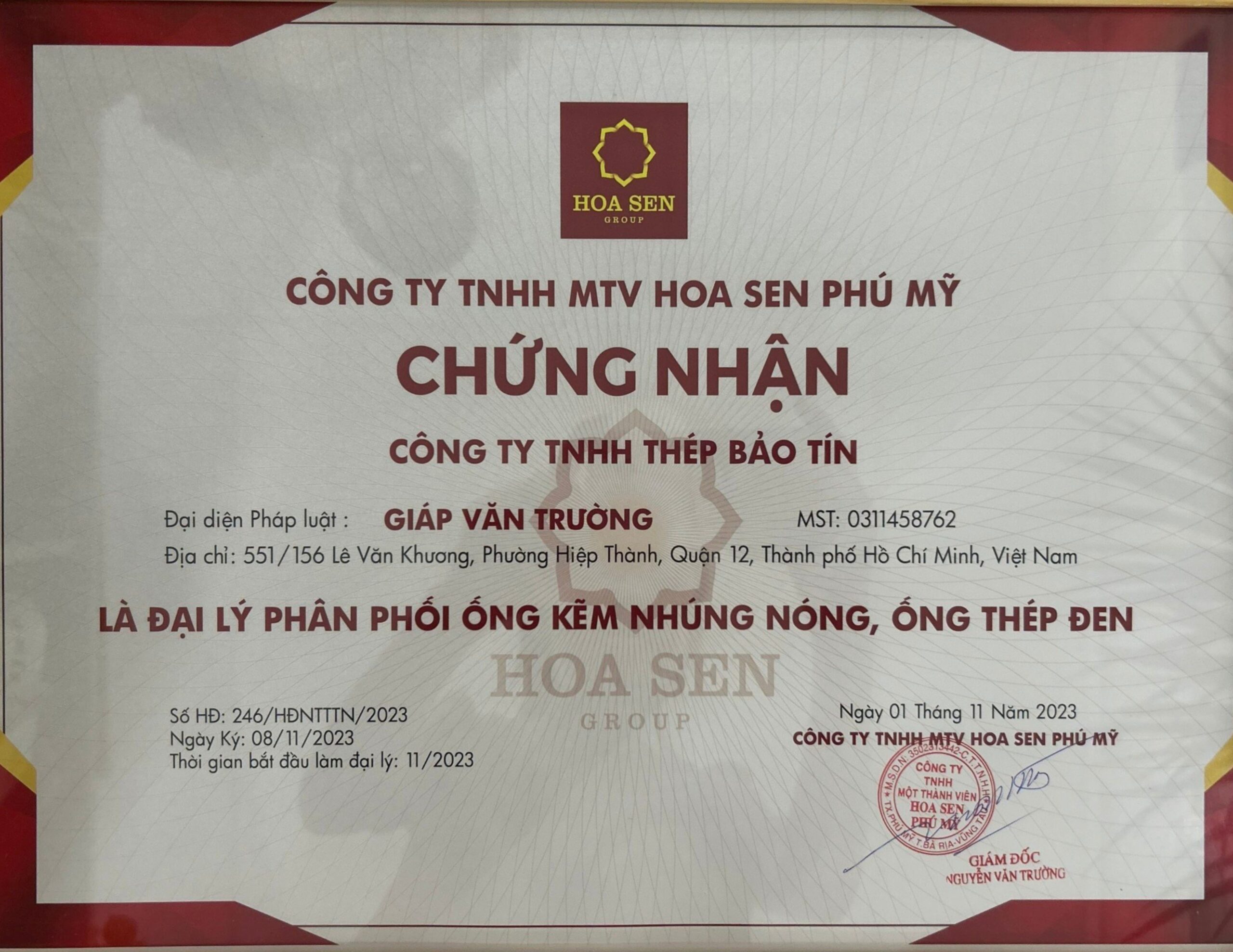 Giấy chứng nhận Thép Bảo Tín là đại lý chính thức được cấp từ nhà sản xuất