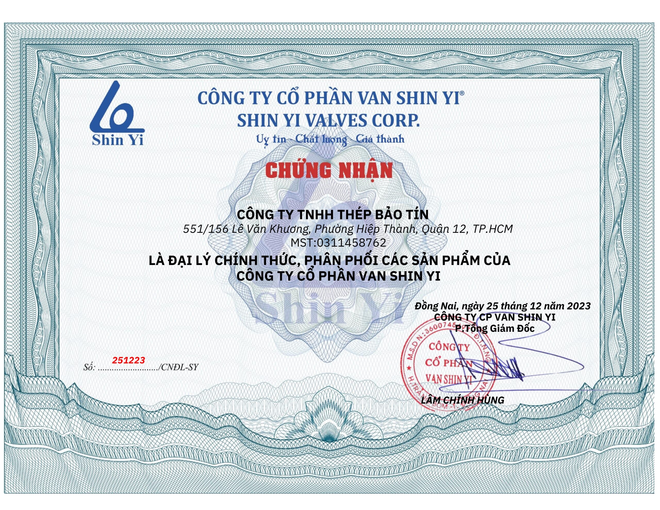 Giấy chứng nhận Thép Bảo Tín là đại lý chính thức được cấp từ nhà sản xuất