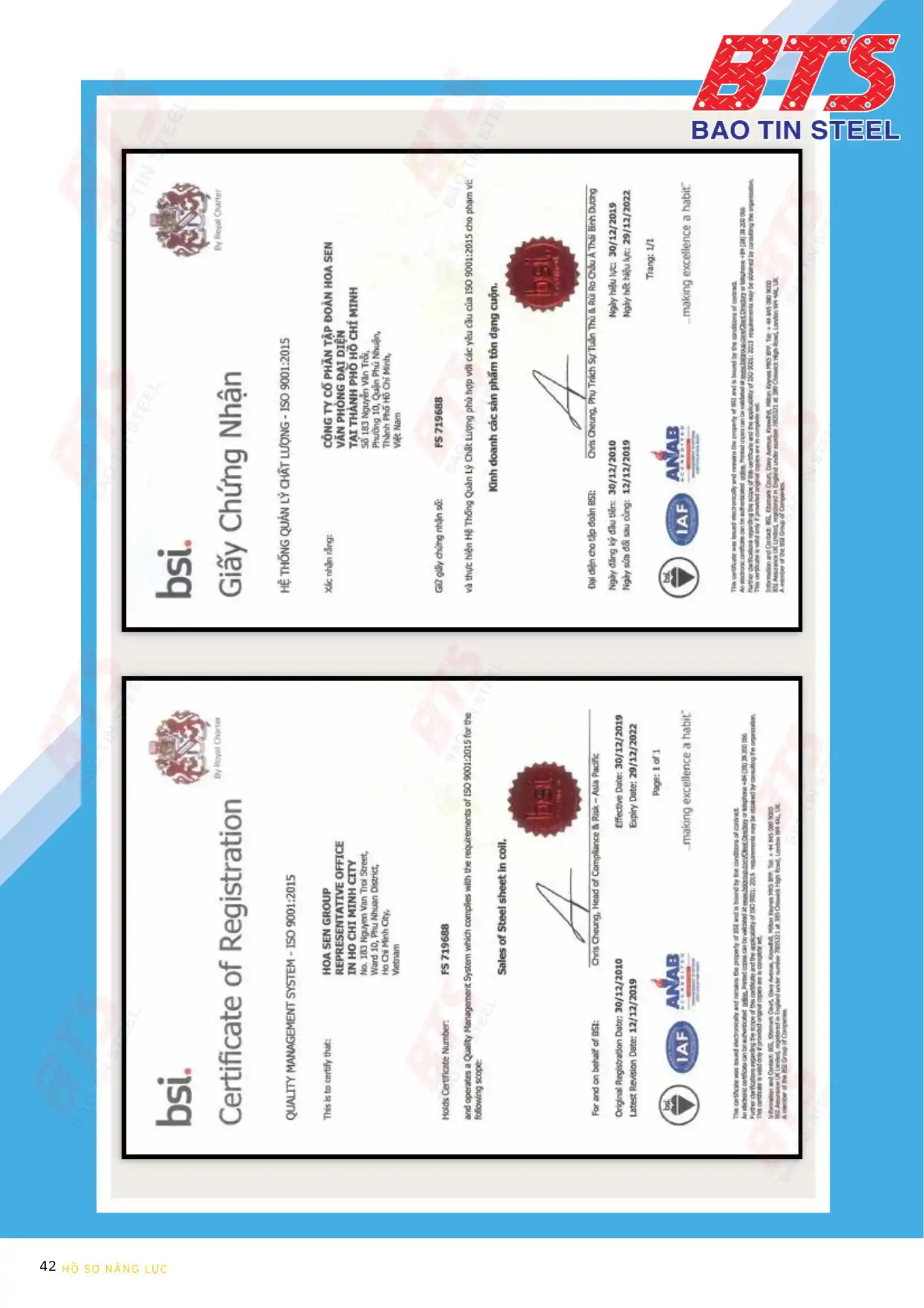 Giấy chứng nhân chất lượng sản phẩm ống thép Hoa Sen