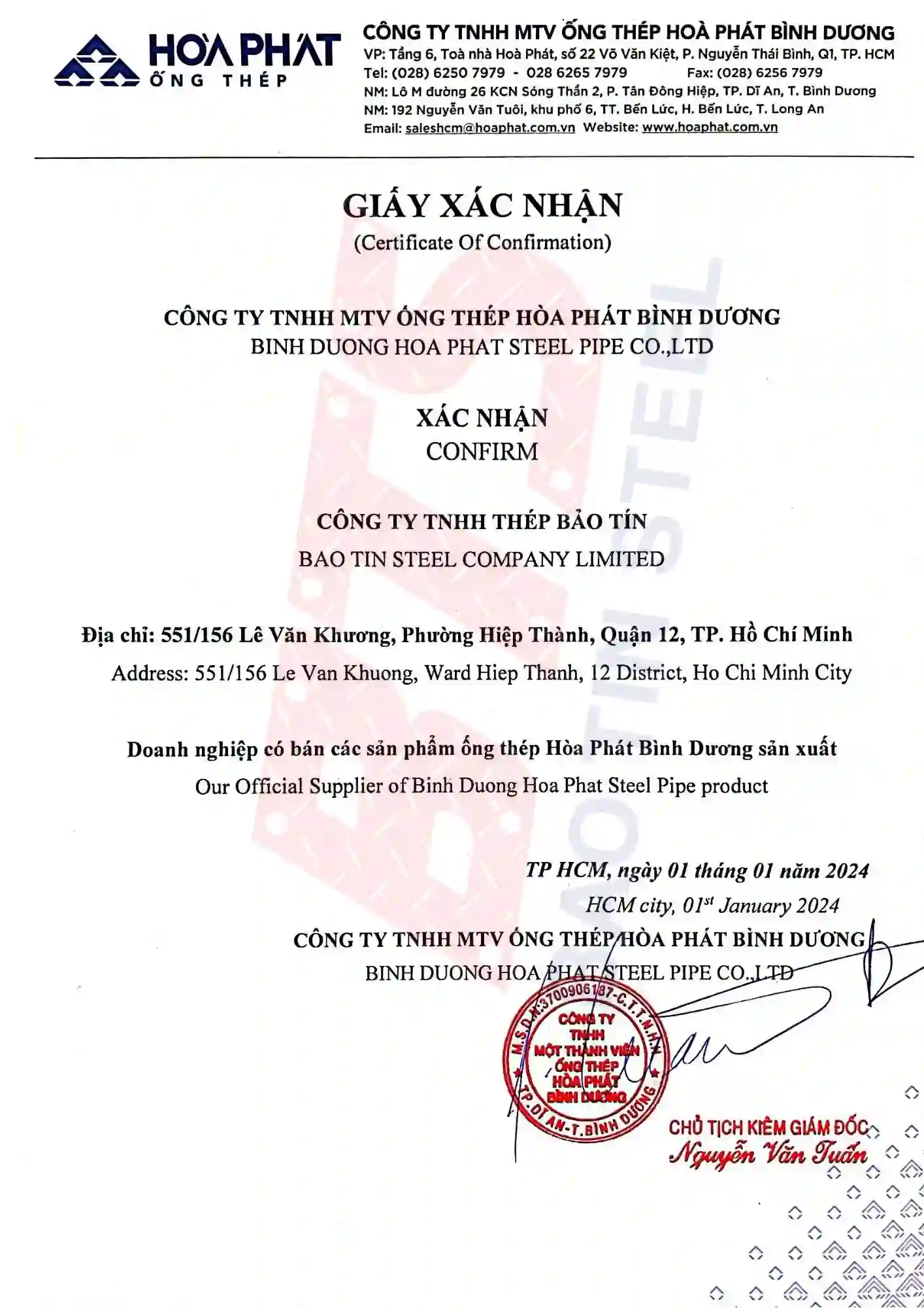 Xác nhận bán hàng Hòa Phát tại Thép Bảo Tín