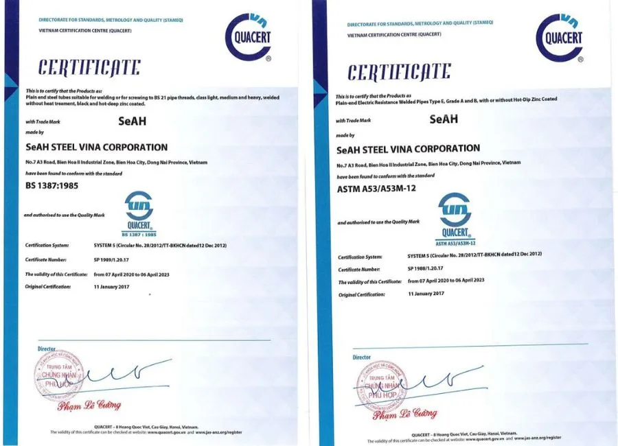 Chứng nhận chất lượng của ống thép SeAH 