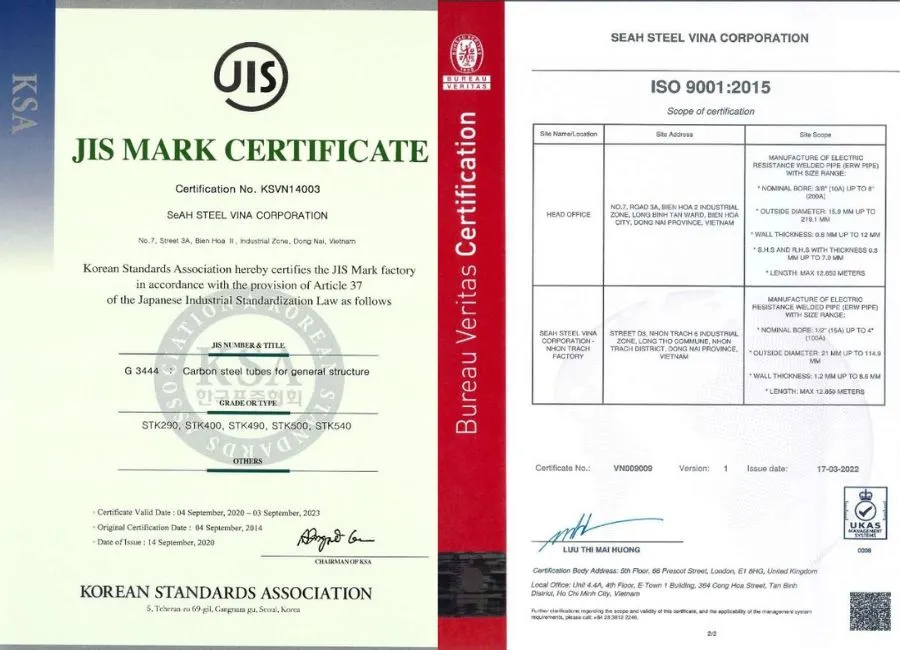 Chứng nhận chất lượng của ống thép SeAH 