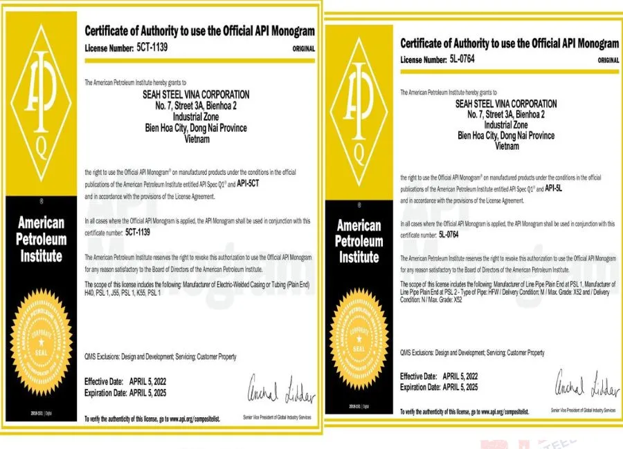 Chứng nhận chất lượng của ống thép SeAH 