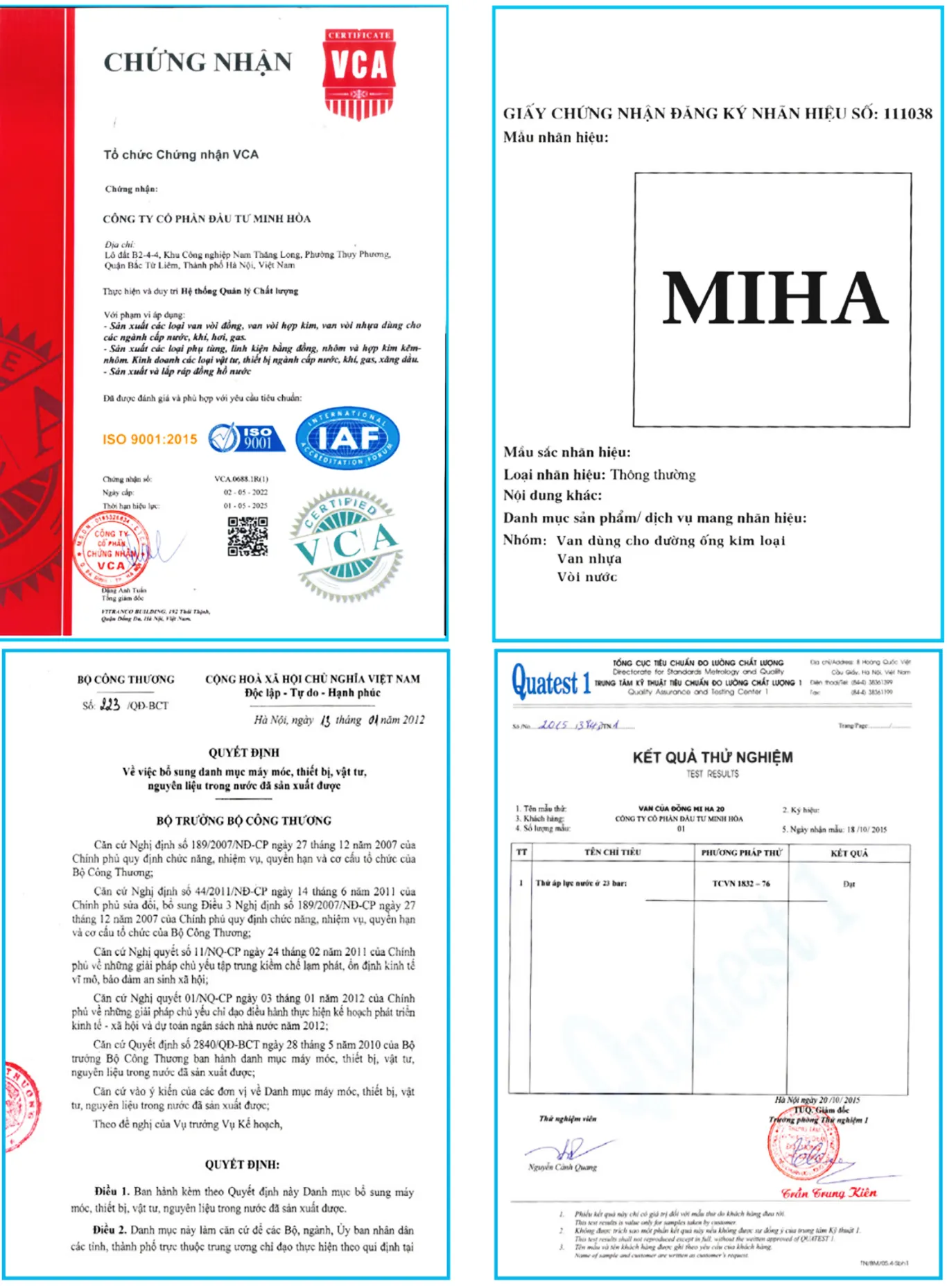 Giấy chứng nhận van Minh Hòa
