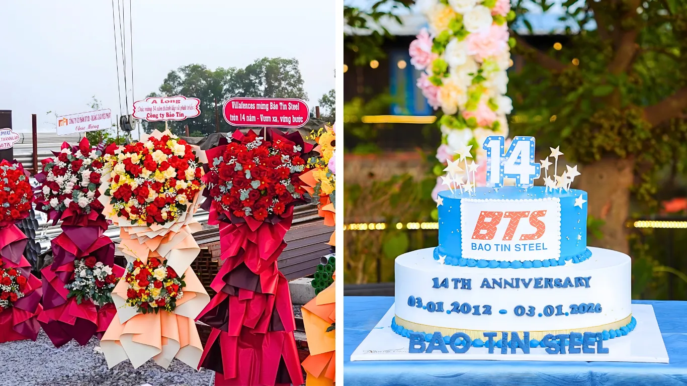 Bánh và hoa tại buổi kỷ niệm 14 năm thành lập Thép Bảo Tín