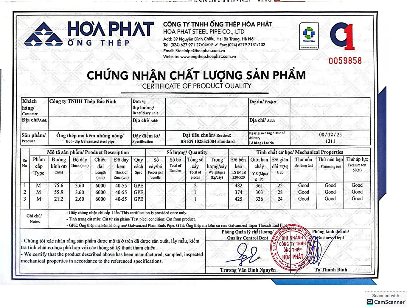 Giấy chứng nhận xuất xưởng Thép Hòa Phát 